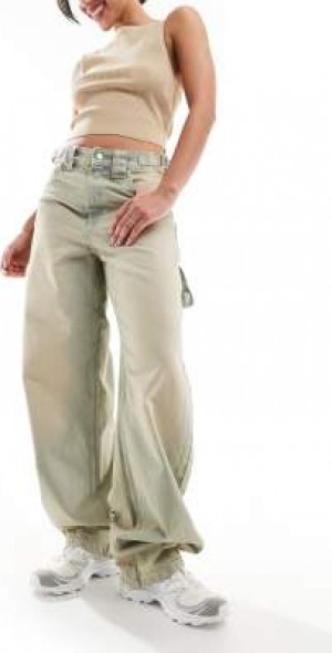 Bershka adjustable waist carpenter jeans in sand bleach wash-Blue