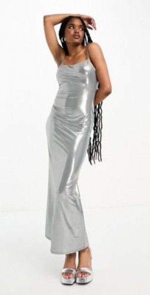chinese dress ladies Silver Metallic Crinkle Maxi Dress – self-portrait main image 1