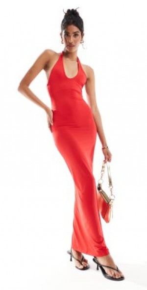 Bershka - halterneck bodycon maxi dress in red