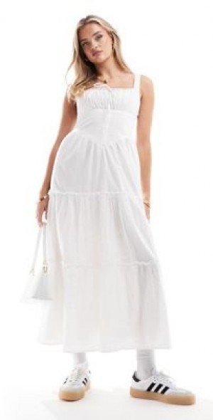 Bershka - milkmaid cotton maxi dress in white