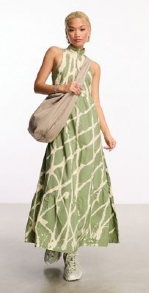 Collusion - COLLUSION cotton zip maxi smock dress in green abstract wash