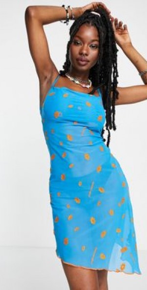 Collusion - COLLUSION flower embroidered mesh cowl neck dress in blue Collusion - COLLUSION flower embroidered mesh cowl neck dress in blue