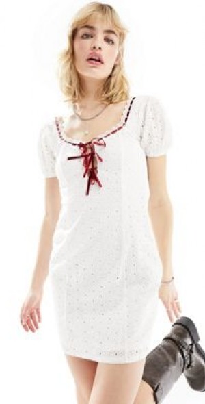 Daisy Street - white lace mini milkmaid dress with red ribbon detail