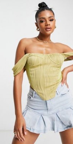 Femme Luxe - off shoulder crinkle detail corset top in soft lime-Green