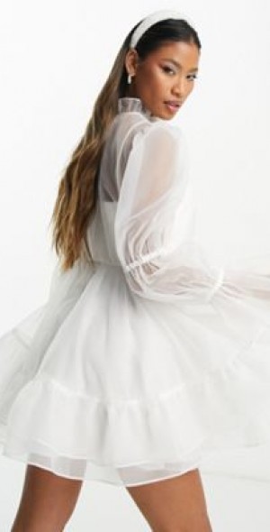 Forever New - Ever New Bridal exclusive bubble sleeve organza mini dress in  ivory-White