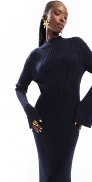 flare sleeve knit midi dress Erin White Knit Midi Dress with Flared Sleeves and Pearl Detail
