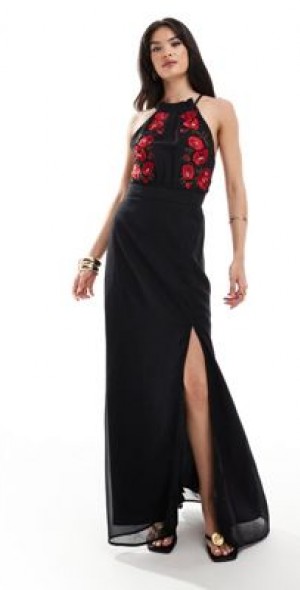 Hope & Ivy - high neck embroidered maxi dress with slit in black