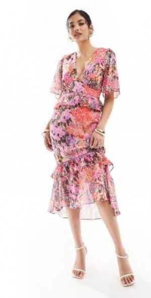 ruffle detail plunge midi dress PrettyLittleThing Women's Polka Dot Satin Plunge Extreme Frill Hem Maxi Dress in Pink