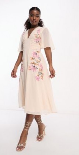 asos design midi dress with pretty floral and bird embroidery asos design midi dress with pretty floral and bird embroidery