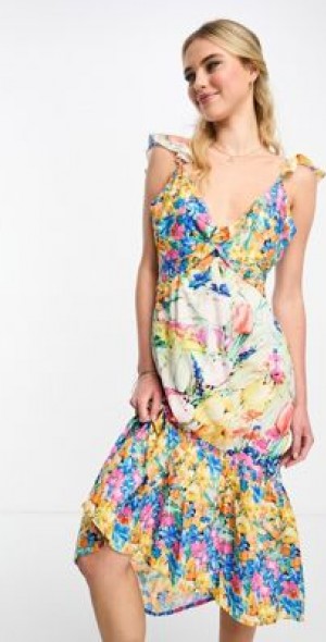 knee length dresses for ladies Bright Floral Print Midi Dress Large main image 0