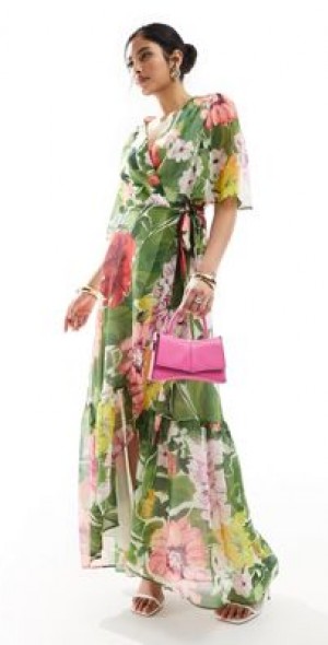 green emerald velvet dress Hope And Ivy Matilda MAXI WRAP DRESS WITH EMBELISHED SLEEVES – Velvet  Ramsbottom main image 1