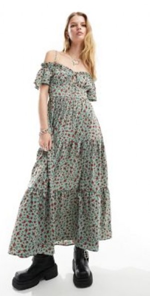 Kiss The Sky off-shoulder ditsy floral tiered maxi smock dress