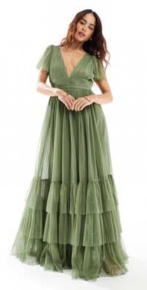 chinese dress ladies Madison Rose Brown Tulle Bridesmaid Midi Dress main image 0