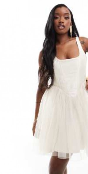Cute A-Line Strapless Beading Waist Tulle Little White Dress OC126 main image 1