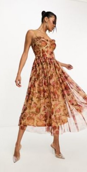 Lace & Beads - corset tulle midi dress in rose floral-Pink
