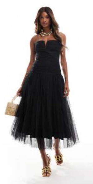 Lace & Beads - drop hem tulle midaxi dress in black Lace & Beads - drop hem tulle midaxi dress in black