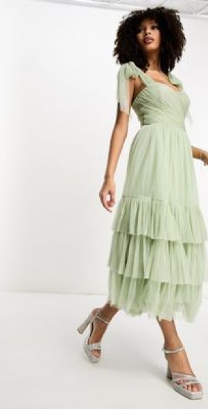 chinese dress ladies CurveWow Lace Frill Hem Midaxi Dress Sage Green – Curvewow main image 1