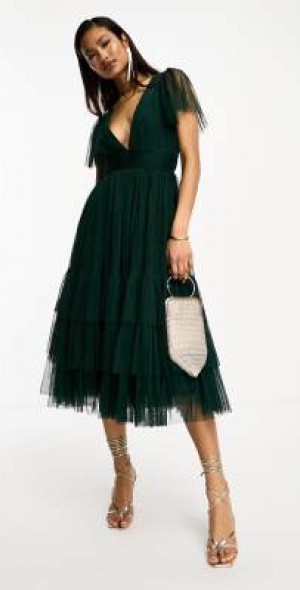 Lace & Beads - Madison midi dress in emerald-Green