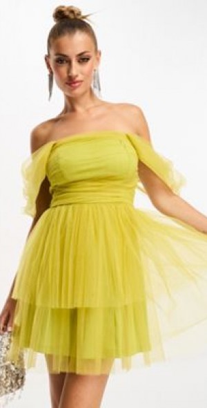 Lace & Beads - off shoulder tulle mini dress in olive-Green