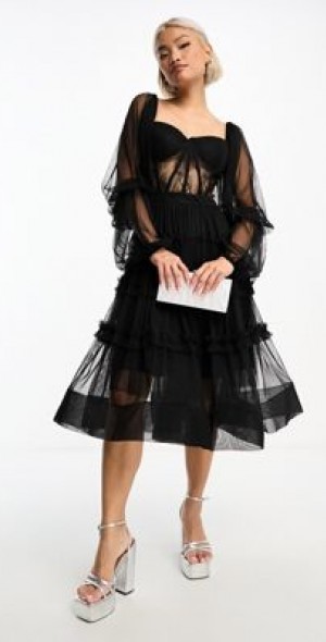 lace and beads midi dress Elegant Mermaid Wedding Dress with Sheer Lace Sleeves and Tulle Skirt   WonderlandByLilian