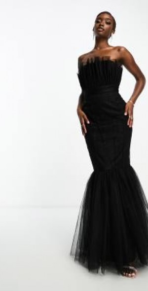 Lace & Beads - tulle strapless fishtail maxi dress in black