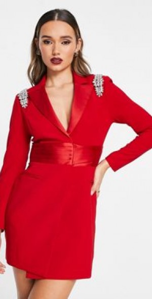 Lavish Alice diamante shoulder belted blazer dress in red
