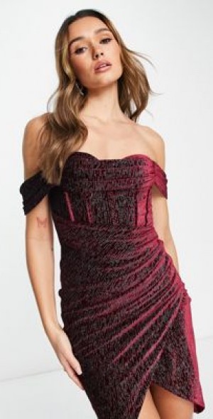 Lavish Alice - glitter velvet off shoulder midi dress in burgundy-Red Lavish Alice - glitter velvet off shoulder midi dress in burgundy-Red