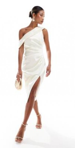knee length dresses for ladies Rent Lavish Alice Yellow Palm One Shoulder Cape Mini Dress