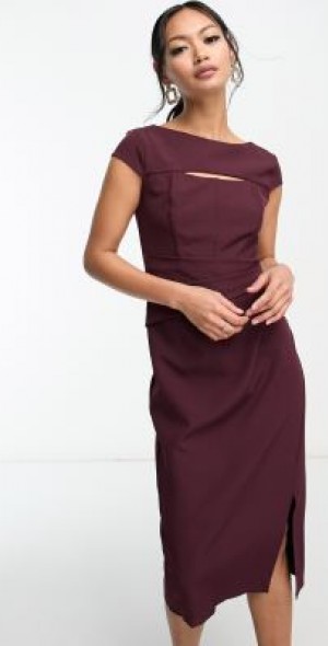 Lipsy - corsetted cut out midi dress in burgundy-Red