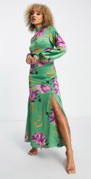 Liquorish - satin maxi dress with collar detail in overscale green and purple floral-Multi Liquorish - satin maxi dress with collar detail in overscale green and purple floral-Multi