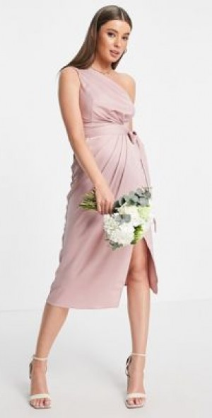 Little Mistress - Bridesmaid one shoulder wrap dress in dusty rose-Pink