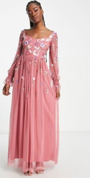 Little Mistress - embroidered corset detail maxi dress in pink