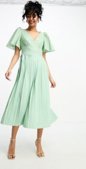 Little Mistress - plunge flutter sleeve midi dress in sage green