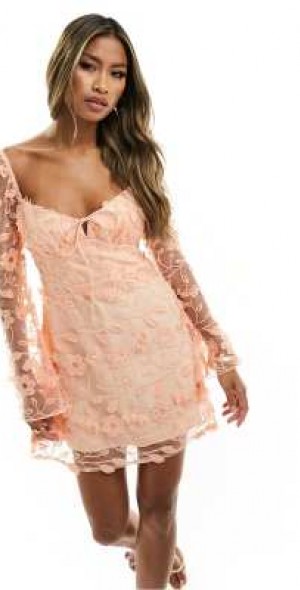 open lace back dress Rent Asos Design Lace Mini Dress With Pleated Chiffon And Satin Belt In  Rust Orange main image 1