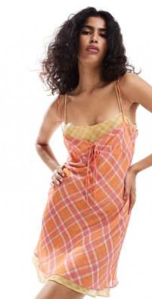 pink and orange check dress Pink/Orange Sleeveless Keyhole Detail Plaid Midi Dress  April Blooms