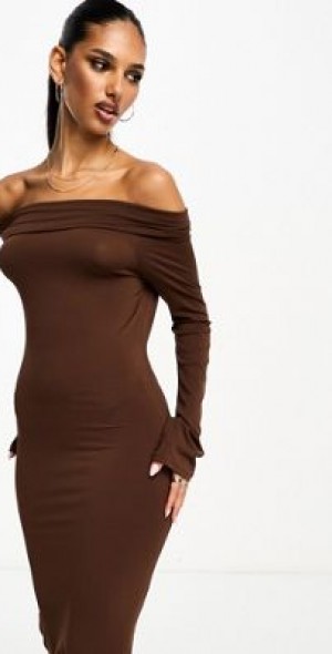 Mango - fold over long sleeve bodycon midi dress in brown Mango - fold over long sleeve bodycon midi dress in brown