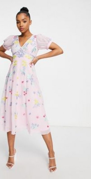 Maya - embroidered open back midi dress in pink