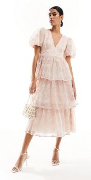 knee length dresses for ladies MissJophiel Corset Floral Print Organza Midi Dress with Puff Sleeves Floral Print / Above Knee / US2