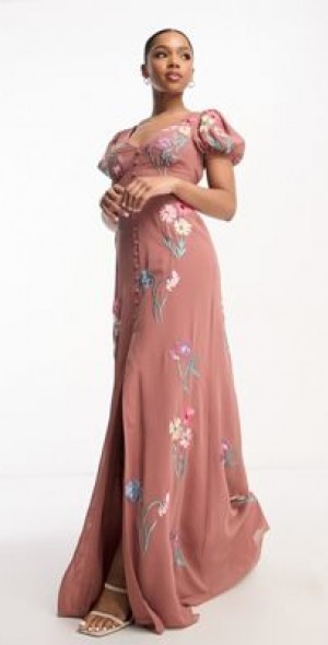asos embroidered dress pink Rent Asos Edition Blouson Sleeve Floral Embroidered Maxi Dress With Open  Back In Light Pink