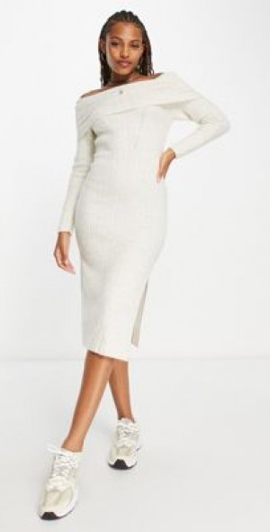 white knit off the shoulder dress Daybreak Off-The-Shoulder Knit White Dress main image 1