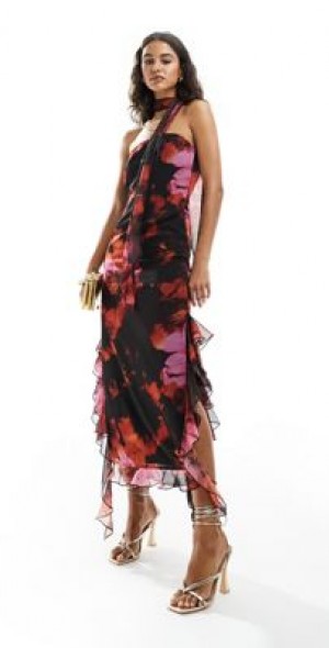 Miss Selfridge chiffon bandeau maxi dress with scarf in