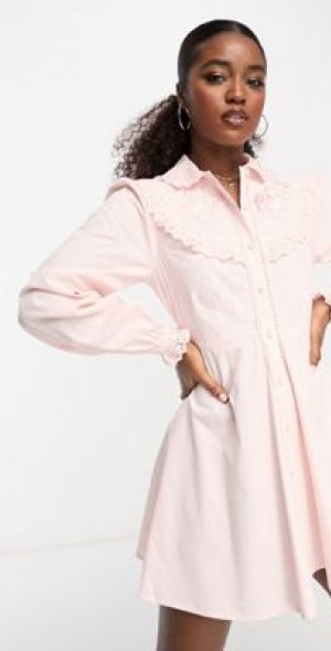 Miss Selfridge - embroidered poplin western detail shirt dress in pink