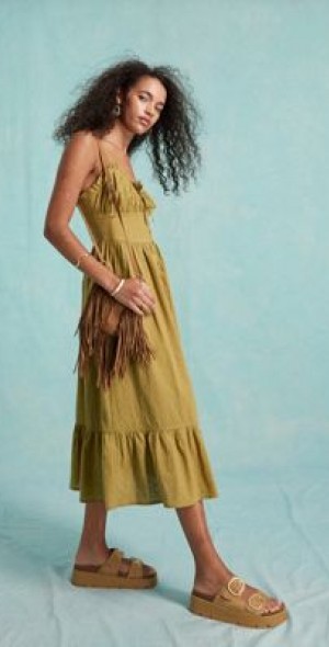 Miss Selfridge - eyelet tie front corset maxi slip dress in khaki-Green