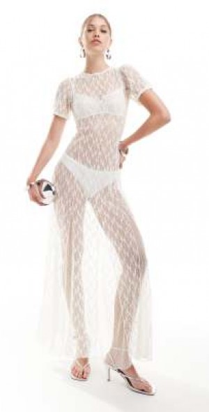 Miss Selfridge festival sheer lace maxi dress with godets in