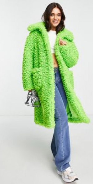 Miss Selfridge fluffy borg maxi coat in bright green