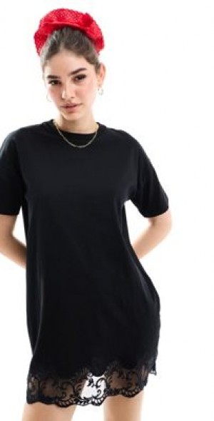 Miss Selfridge - lace hem t shirt dress in black
