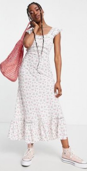 Miss Selfridge - lace insert textured maxi dress in rose print-White