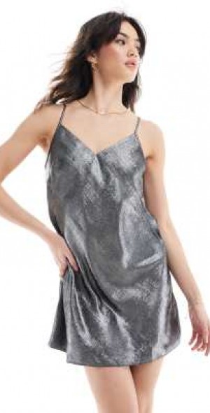 Miss Selfridge - metallic strappy mini slip dress in silver