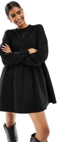 black jersey smock dress Black Jersey Frill Sleeve Mini Smock Dress