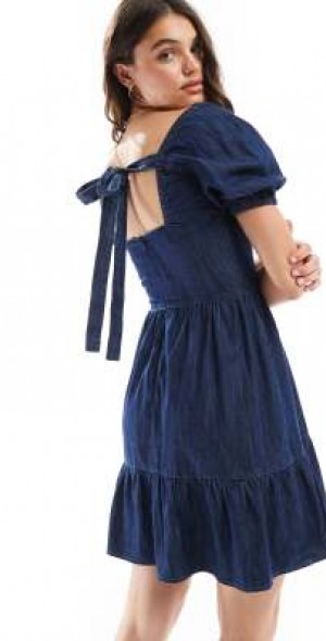 miss selfridge denim dress Miss Selfridge Denim Frill Swing Dress in mid wash-Blue